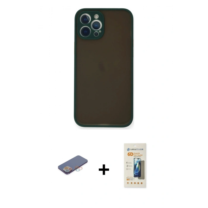 MARSİLYAN™- iPhone 12 Pro Kılıf Ahenk Çizgi Serisi - Siyah 6D Mat Seramik Hayalet Nano Ekran Koruyucu + Renkli Kamera Lens Koruma Cam - PE