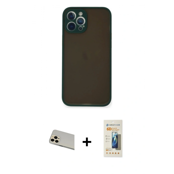 MARSİLYAN™- iPhone 12 Pro Kılıf Ahenk Çizgi Serisi - Siyah 6D Mat Seramik Hayalet Nano Ekran Koruyucu + Rainbow Kamera Lens Koruma Cam - GD