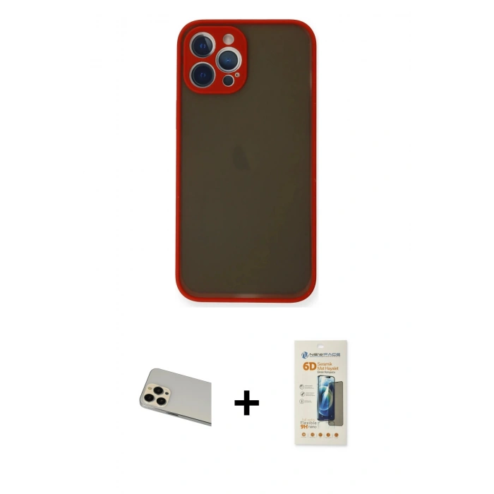 MARSİLYAN™- iPhone 12 Pro Kılıf Ahenk Çizgi Serisi - Siyah 6D Mat Seramik Hayalet Nano Ekran Koruyucu + Rainbow Kamera Lens Koruma Cam - GD