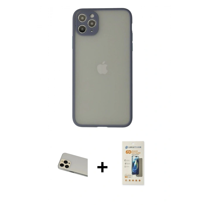 MARSİLYAN™- iPhone 12 Pro Kılıf Ahenk Çizgi Serisi - Siyah 6D Mat Seramik Hayalet Nano Ekran Koruyucu + Rainbow Kamera Lens Koruma Cam - GD