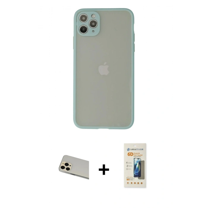 MARSİLYAN™- iPhone 12 Pro Kılıf Ahenk Çizgi Serisi - Siyah 6D Mat Seramik Hayalet Nano Ekran Koruyucu + Rainbow Kamera Lens Koruma Cam - GD