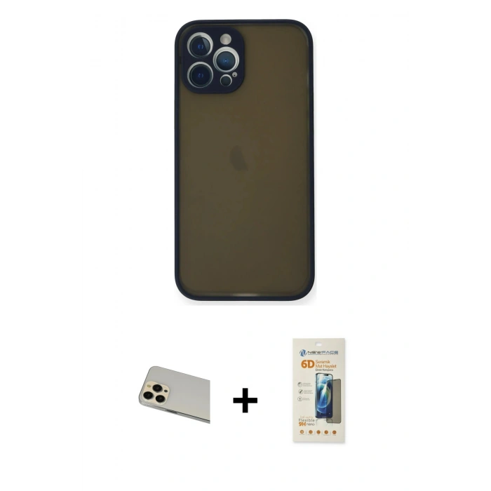 MARSİLYAN™- iPhone 12 Pro Kılıf Ahenk Çizgi Serisi - Siyah 6D Mat Seramik Hayalet Nano Ekran Koruyucu + Rainbow Kamera Lens Koruma Cam - GD