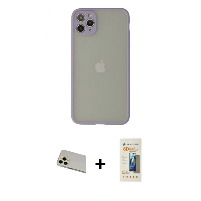 MARSİLYAN™- iPhone 12 Pro Kılıf Ahenk Çizgi Serisi - Siyah 6D Mat Seramik Hayalet Nano Ekran Koruyucu + Rainbow Kamera Lens Koruma Cam - GD