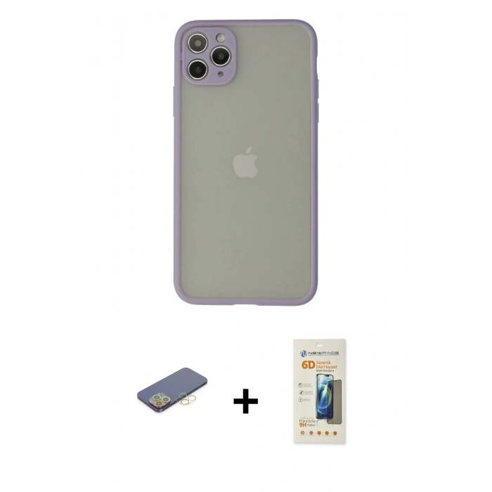 MARSİLYAN™- iPhone 12 Pro Kılıf Ahenk Çizgi Serisi - Siyah 6D Mat Seramik Hayalet Nano Ekran Koruyucu + Renkli Kamera Lens Koruma Cam - SI