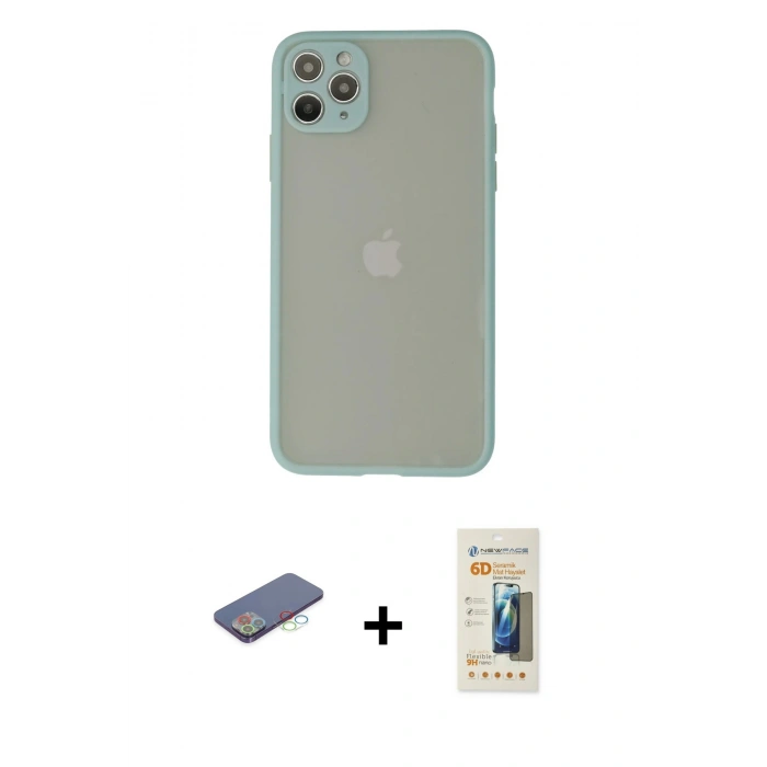 MARSİLYAN™- iPhone 12 Pro Kılıf Ahenk Çizgi Serisi - Siyah 6D Mat Seramik Hayalet Nano Ekran Koruyucu + Renkli Kamera Lens Koruma Cam - MI