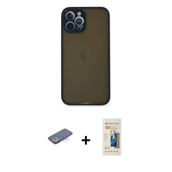 MARSİLYAN™- iPhone 12 Pro Kılıf Ahenk Çizgi Serisi - Siyah 6D Mat Seramik Hayalet Nano Ekran Koruyucu + Renkli Kamera Lens Koruma Cam - MI