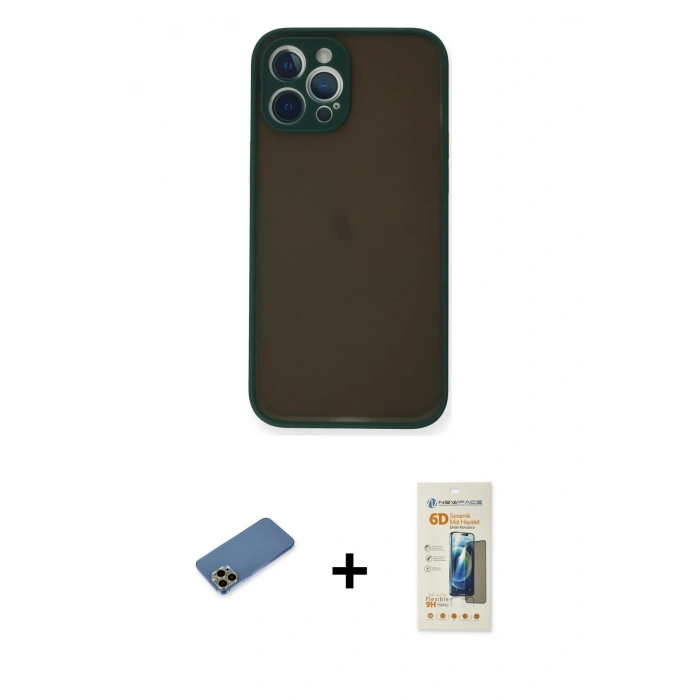 MARSİLYAN™- iPhone 12 Pro Kılıf Ahenk Çizgi Serisi - Siyah 6D Mat Seramik Hayalet Nano Ekran Koruyucu + Shine Kamera Lens Koruma Cam - GD
