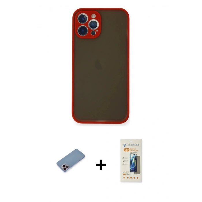 MARSİLYAN™- iPhone 12 Pro Kılıf Ahenk Çizgi Serisi - Siyah 6D Mat Seramik Hayalet Nano Ekran Koruyucu + Shine Kamera Lens Koruma Cam - PE
