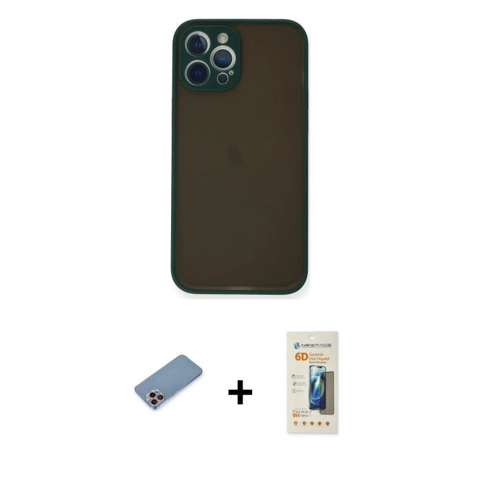 MARSİLYAN™- iPhone 12 Pro Kılıf Ahenk Çizgi Serisi - Siyah 6D Mat Seramik Hayalet Nano Ekran Koruyucu + Shine Kamera Lens Koruma Cam - PE