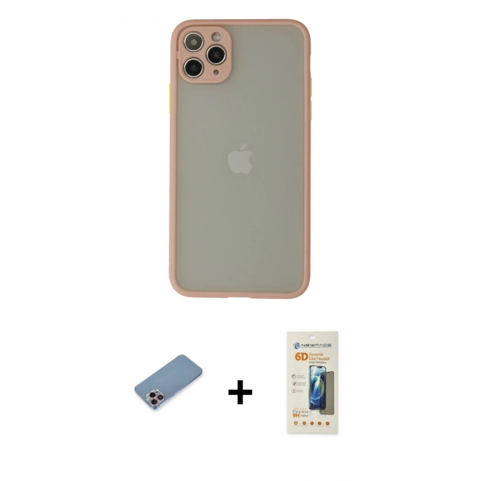 MARSİLYAN™- iPhone 12 Pro Kılıf Ahenk Çizgi Serisi - Siyah 6D Mat Seramik Hayalet Nano Ekran Koruyucu + Shine Kamera Lens Koruma Cam - PE