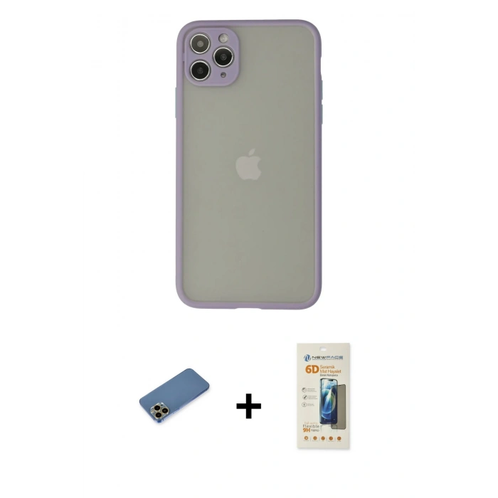 MARSİLYAN™- iPhone 12 Pro Kılıf Ahenk Çizgi Serisi - Siyah 6D Mat Seramik Hayalet Nano Ekran Koruyucu + Shine Kamera Lens Koruma Cam - GD