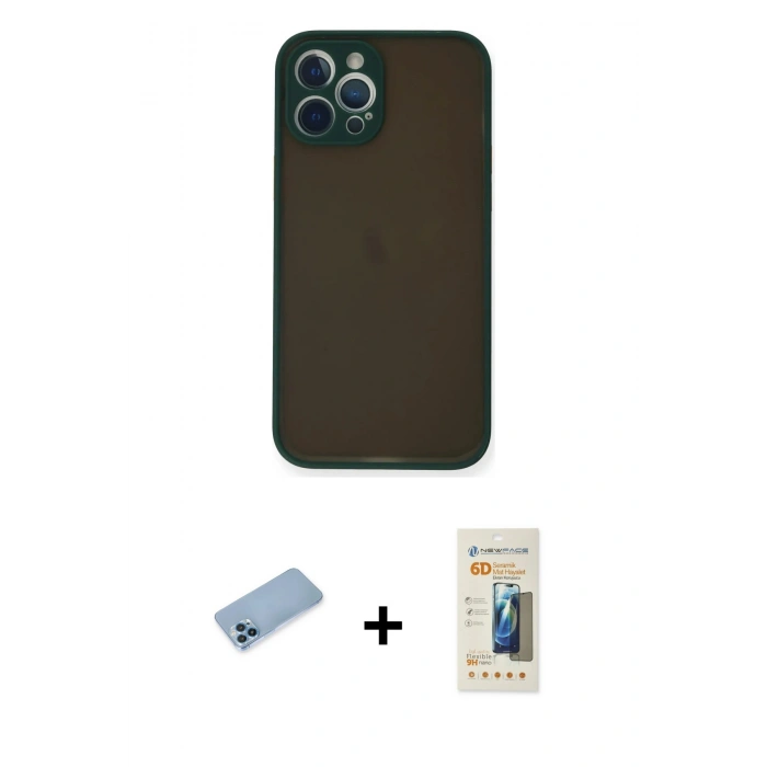 MARSİLYAN™- iPhone 12 Pro Kılıf Ahenk Çizgi Serisi - Siyah 6D Mat Seramik Hayalet Nano Ekran Koruyucu + Shine Kamera Lens Koruma Cam - MI