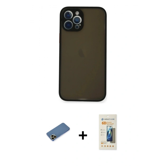 MARSİLYAN™- iPhone 12 Pro Kılıf Ahenk Çizgi Serisi - Siyah 6D Mat Seramik Hayalet Nano Ekran Koruyucu + Shine Kamera Lens Koruma Cam - GD
