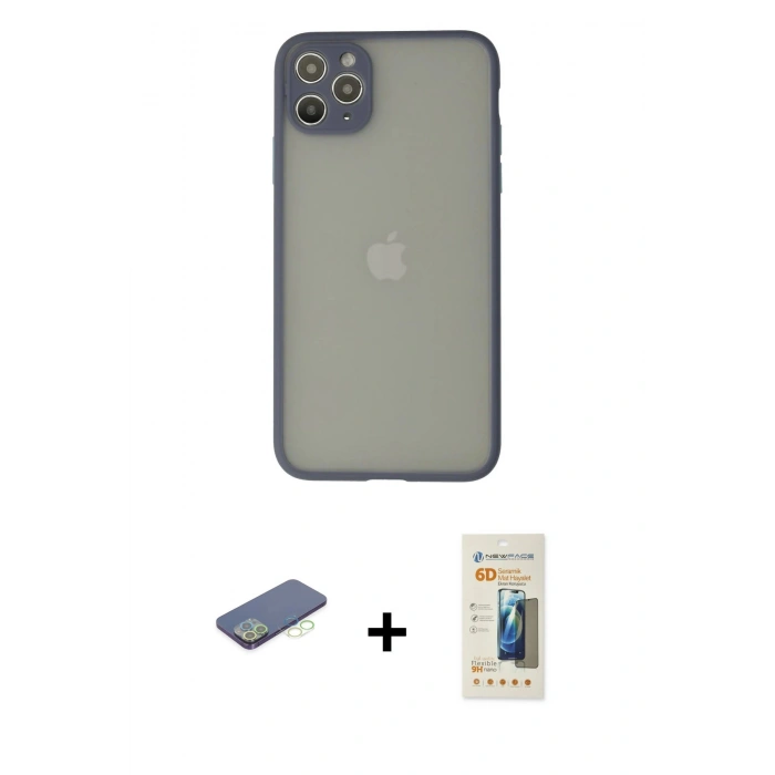 MARSİLYAN™- iPhone 12 Pro Kılıf Ahenk Çizgi Serisi - Siyah 6D Mat Seramik Hayalet Nano Ekran Koruyucu + Renkli Kamera Lens Koruma Cam - YL