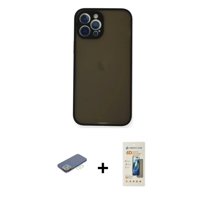 MARSİLYAN™- iPhone 12 Pro Kılıf Ahenk Çizgi Serisi - Siyah 6D Mat Seramik Hayalet Nano Ekran Koruyucu + Renkli Kamera Lens Koruma Cam - YL