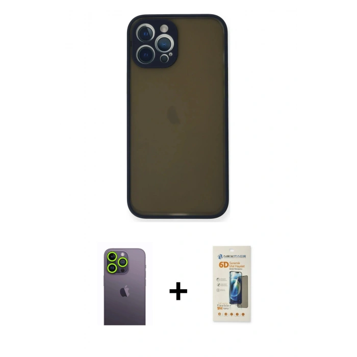 MARSİLYAN™- iPhone 12 Pro Kılıf Ahenk Çizgi Serisi - Siyah 6D Mat Seramik Hayalet Nano Ekran Koruyucu + Yeşil Neon Fosforlu Kamera Lens