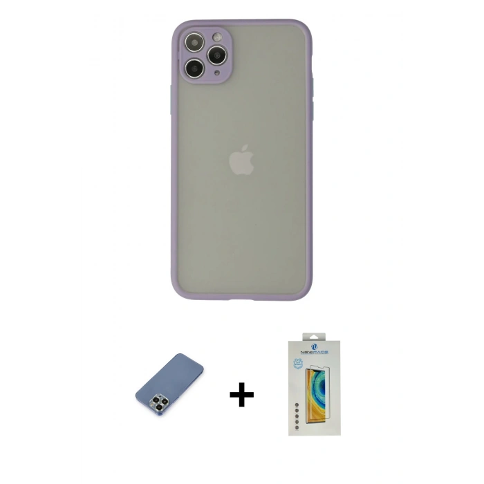 MARSİLYAN™- iPhone 12 Pro Kılıf Ahenk Çizgi Serisi - Siyah Polymer Nano Ekran Koruyucu + Metal Kamera Lens Koruma Cam - AKYL