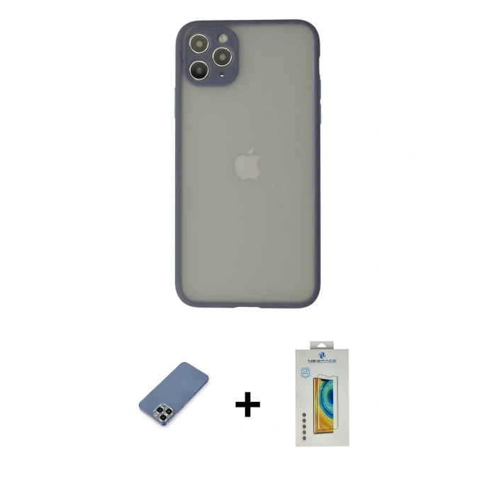 MARSİLYAN™- iPhone 12 Pro Kılıf Ahenk Çizgi Serisi - Siyah Polymer Nano Ekran Koruyucu + Metal Kamera Lens Koruma Cam - AKYL