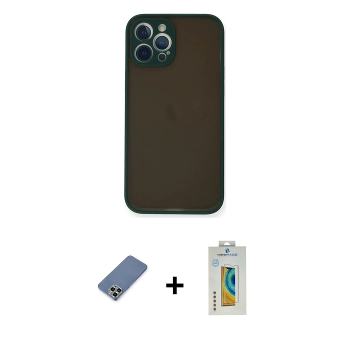 MARSİLYAN™- iPhone 12 Pro Kılıf Ahenk Çizgi Serisi - Siyah Polymer Nano Ekran Koruyucu + Metal Kamera Lens Koruma Cam - AKYL