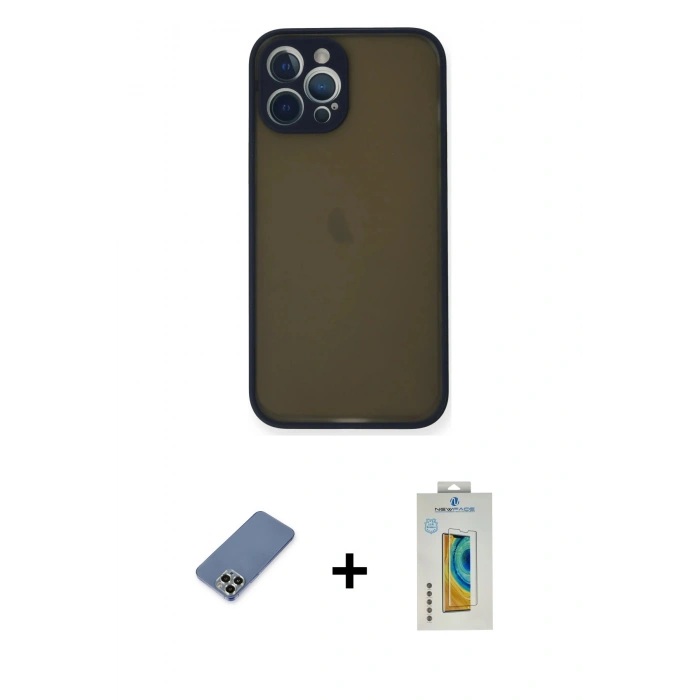 MARSİLYAN™- iPhone 12 Pro Kılıf Ahenk Çizgi Serisi - Siyah Polymer Nano Ekran Koruyucu + Metal Kamera Lens Koruma Cam - AKYL