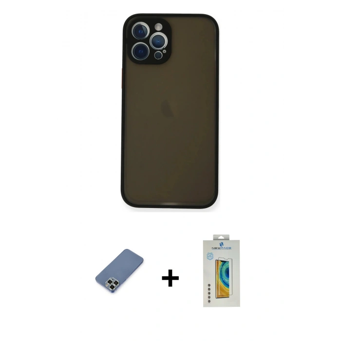 MARSİLYAN™- iPhone 12 Pro Kılıf Ahenk Çizgi Serisi - Siyah Polymer Nano Ekran Koruyucu + Metal Kamera Lens Koruma Cam - AKYL