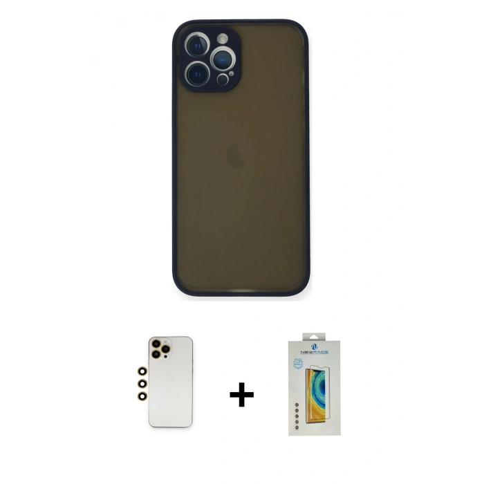 MARSİLYAN™- iPhone 12 Pro Kılıf Ahenk Çizgi Serisi - Siyah Polymer Nano Ekran Koruyucu + Shine Kamera Lens - GD