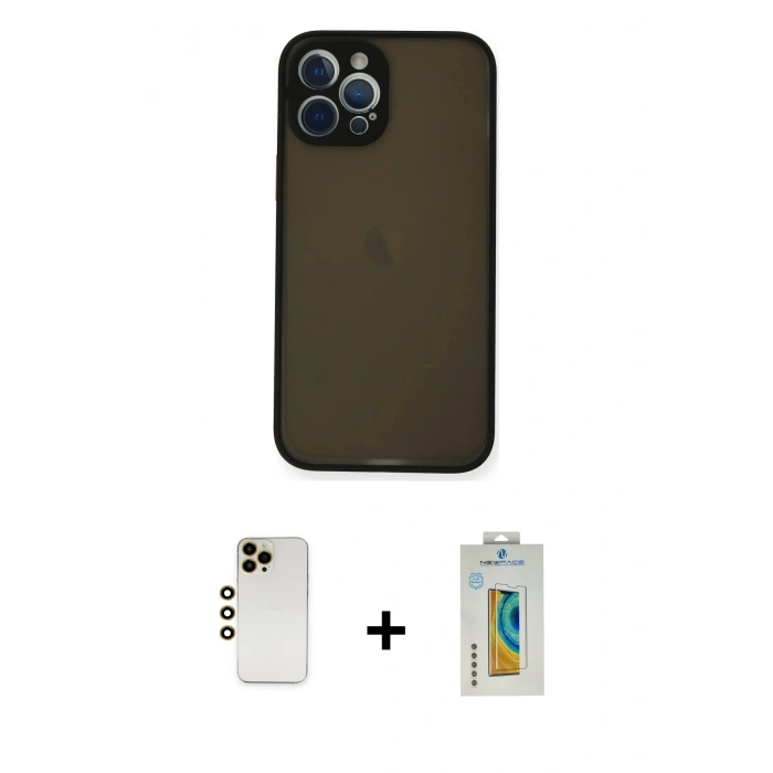 MARSİLYAN™- iPhone 12 Pro Kılıf Ahenk Çizgi Serisi - Siyah Polymer Nano Ekran Koruyucu + Shine Kamera Lens - GD