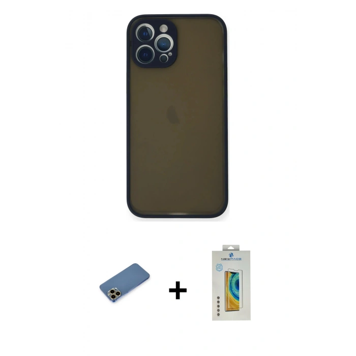MARSİLYAN™- iPhone 12 Pro Kılıf Ahenk Çizgi Serisi - Siyah Polymer Nano Ekran Koruyucu + Shine Kamera Lens Koruma Cam - GD