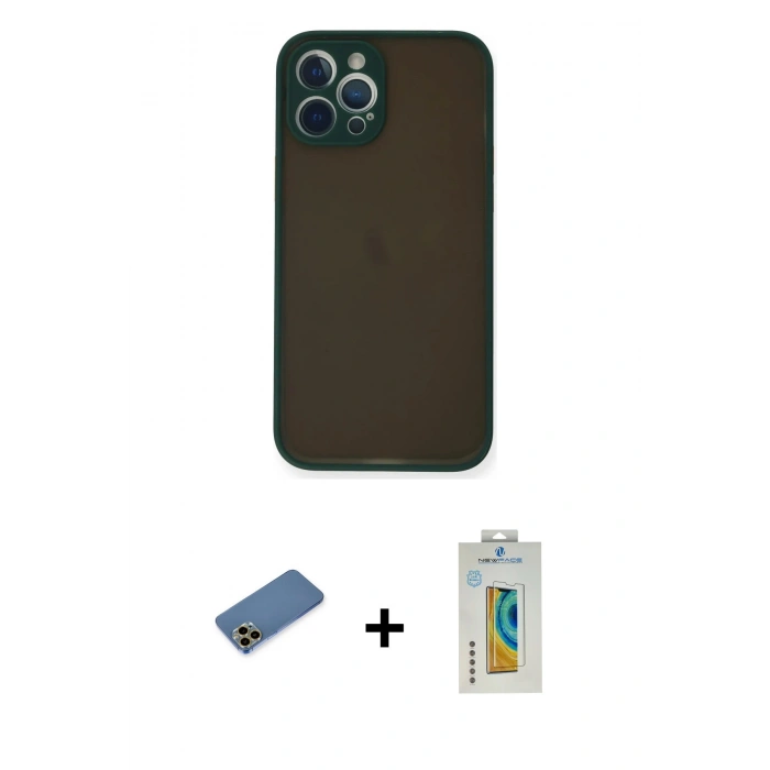 MARSİLYAN™- iPhone 12 Pro Kılıf Ahenk Çizgi Serisi - Siyah Polymer Nano Ekran Koruyucu + Shine Kamera Lens Koruma Cam - GD