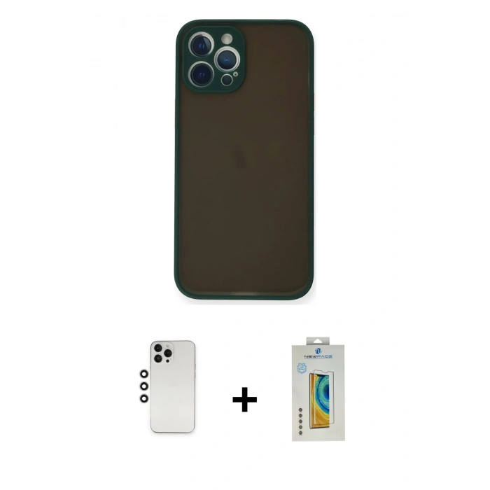 MARSİLYAN™- iPhone 12 Pro Kılıf Ahenk Çizgi Serisi - Siyah Polymer Nano Ekran Koruyucu + Shine Kamera Lens - GS