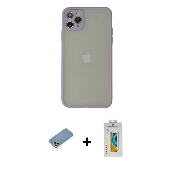 MARSİLYAN™- iPhone 12 Pro Kılıf Ahenk Çizgi Serisi - Siyah Polymer Nano Ekran Koruyucu + Shine Kamera Lens Koruma Cam - GS