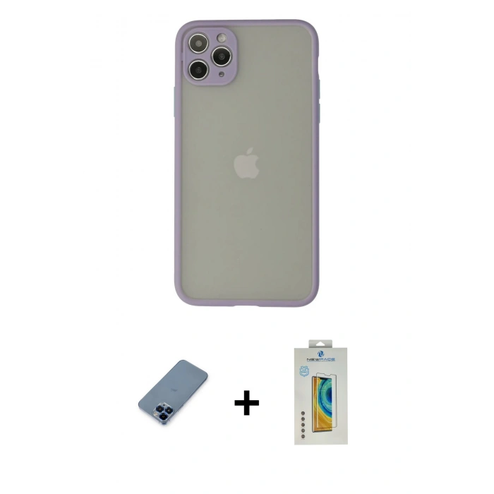 MARSİLYAN™- iPhone 12 Pro Kılıf Ahenk Çizgi Serisi - Siyah Polymer Nano Ekran Koruyucu + Metal Kamera Lens Koruma Cam - MI