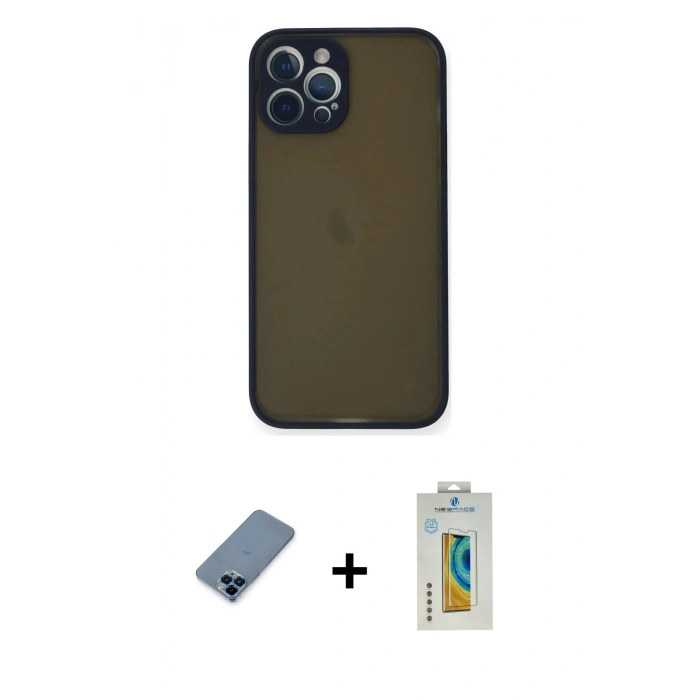 MARSİLYAN™- iPhone 12 Pro Kılıf Ahenk Çizgi Serisi - Siyah Polymer Nano Ekran Koruyucu + Metal Kamera Lens Koruma Cam - MI