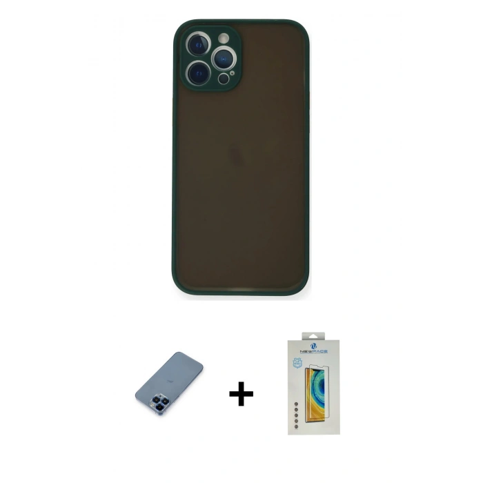 MARSİLYAN™- iPhone 12 Pro Kılıf Ahenk Çizgi Serisi - Siyah Polymer Nano Ekran Koruyucu + Metal Kamera Lens Koruma Cam - MI