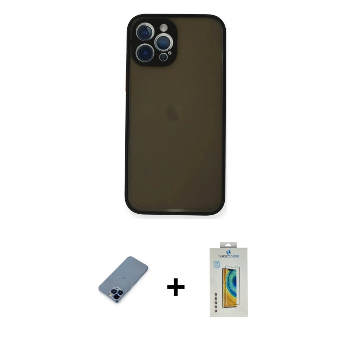 MARSİLYAN™- iPhone 12 Pro Kılıf Ahenk Çizgi Serisi - Siyah Polymer Nano Ekran Koruyucu + Metal Kamera Lens Koruma Cam - MI