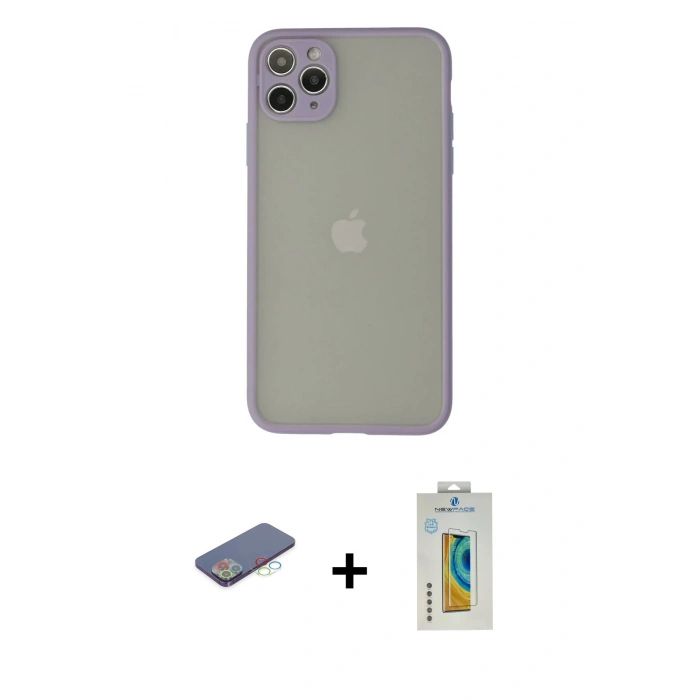 MARSİLYAN™- iPhone 12 Pro Kılıf Ahenk Çizgi Serisi - Siyah Polymer Nano Ekran Koruyucu + Renkli Kamera Lens Koruma Cam - MI