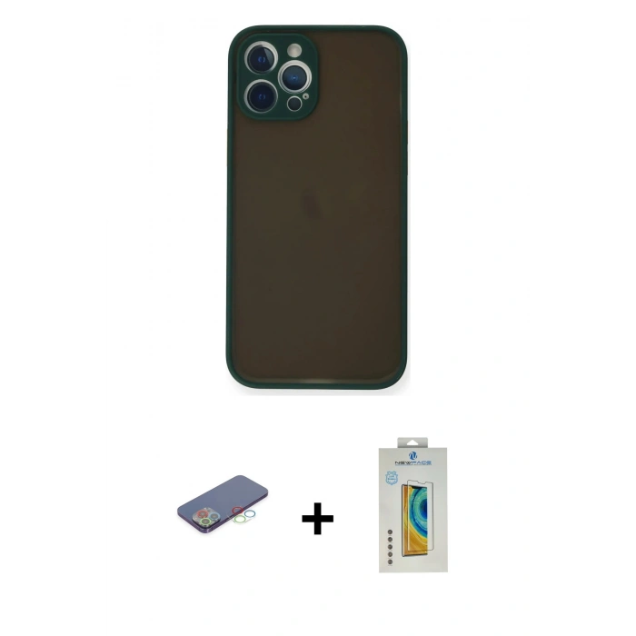 MARSİLYAN™- iPhone 12 Pro Kılıf Ahenk Çizgi Serisi - Siyah Polymer Nano Ekran Koruyucu + Renkli Kamera Lens Koruma Cam - MI