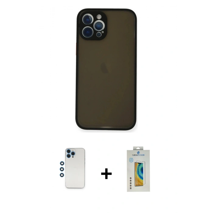 MARSİLYAN™- iPhone 12 Pro Kılıf Ahenk Çizgi Serisi - Siyah Polymer Nano Ekran Koruyucu + Shine Kamera Lens - MI