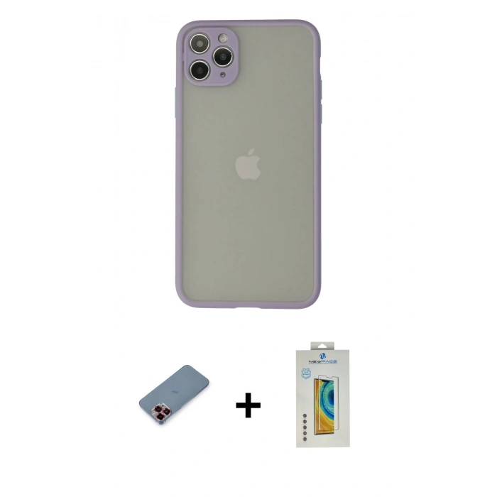 MARSİLYAN™- iPhone 12 Pro Kılıf Ahenk Çizgi Serisi - Siyah Polymer Nano Ekran Koruyucu + Metal Kamera Lens Koruma Cam - KI