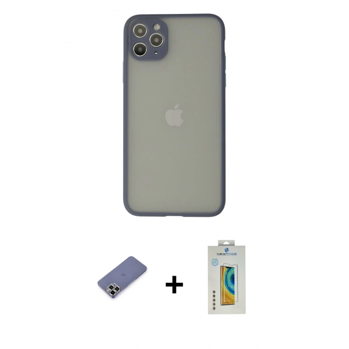 MARSİLYAN™- iPhone 12 Pro Kılıf Ahenk Çizgi Serisi - Siyah Polymer Nano Ekran Koruyucu + Metal Kamera Lens Koruma Cam - GD