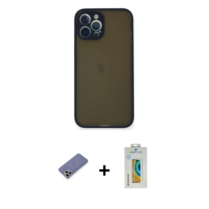 MARSİLYAN™- iPhone 12 Pro Kılıf Ahenk Çizgi Serisi - Siyah Polymer Nano Ekran Koruyucu + Metal Kamera Lens Koruma Cam - GD