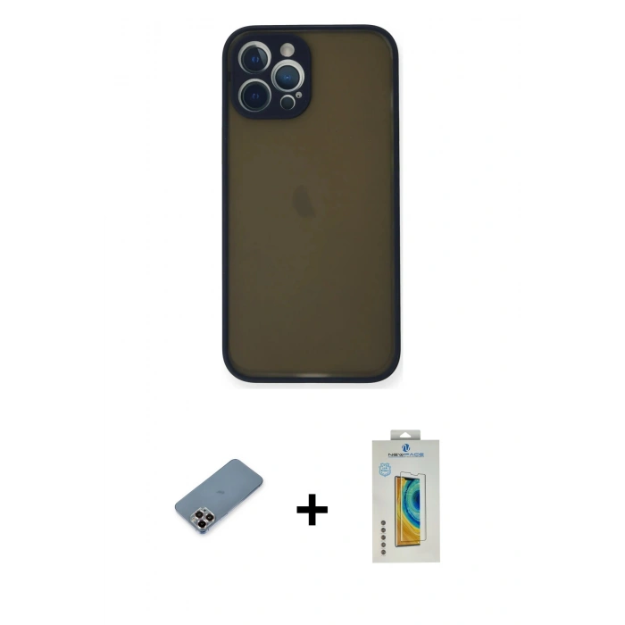 MARSİLYAN™- iPhone 12 Pro Kılıf Ahenk Çizgi Serisi - Siyah Polymer Nano Ekran Koruyucu + Metal Kamera Lens Koruma Cam - MR