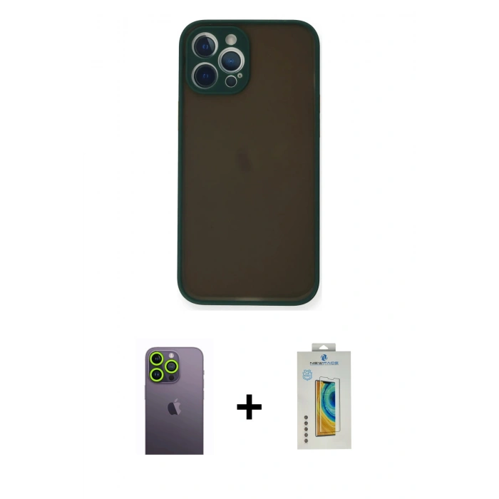 MARSİLYAN™- iPhone 12 Pro Kılıf Ahenk Çizgi Serisi - Siyah Polymer Nano Ekran Koruyucu + Neon Fosforlu Kamera Lens - YL