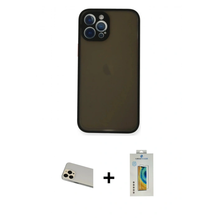 MARSİLYAN™- iPhone 12 Pro Kılıf Ahenk Çizgi Serisi - Siyah Polymer Nano Ekran Koruyucu + Rainbow Kamera Lens Koruma Cam - GD