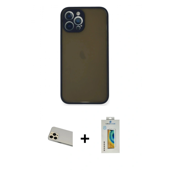MARSİLYAN™- iPhone 12 Pro Kılıf Ahenk Çizgi Serisi - Siyah Polymer Nano Ekran Koruyucu + Rainbow Kamera Lens Koruma Cam - GD