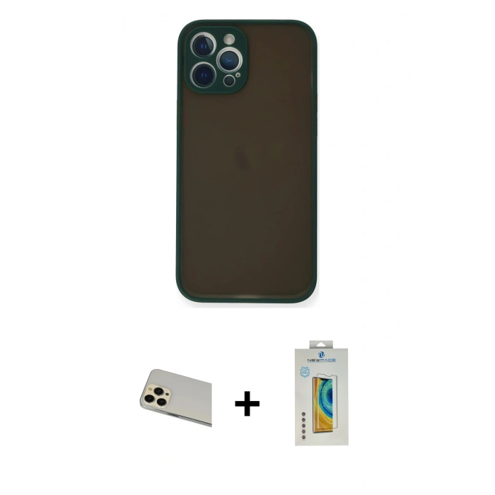 MARSİLYAN™- iPhone 12 Pro Kılıf Ahenk Çizgi Serisi - Siyah Polymer Nano Ekran Koruyucu + Rainbow Kamera Lens Koruma Cam - GD