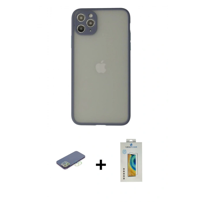 MARSİLYAN™- iPhone 12 Pro Kılıf Ahenk Çizgi Serisi - Siyah Polymer Nano Ekran Koruyucu + Renkli Kamera Lens Koruma Cam - YL