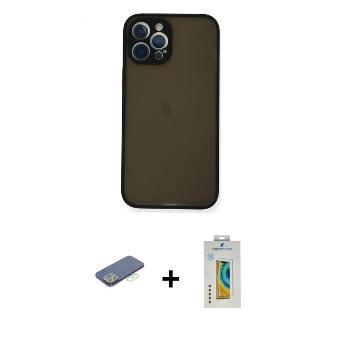 MARSİLYAN™- iPhone 12 Pro Kılıf Ahenk Çizgi Serisi - Siyah Polymer Nano Ekran Koruyucu + Renkli Kamera Lens Koruma Cam - YL