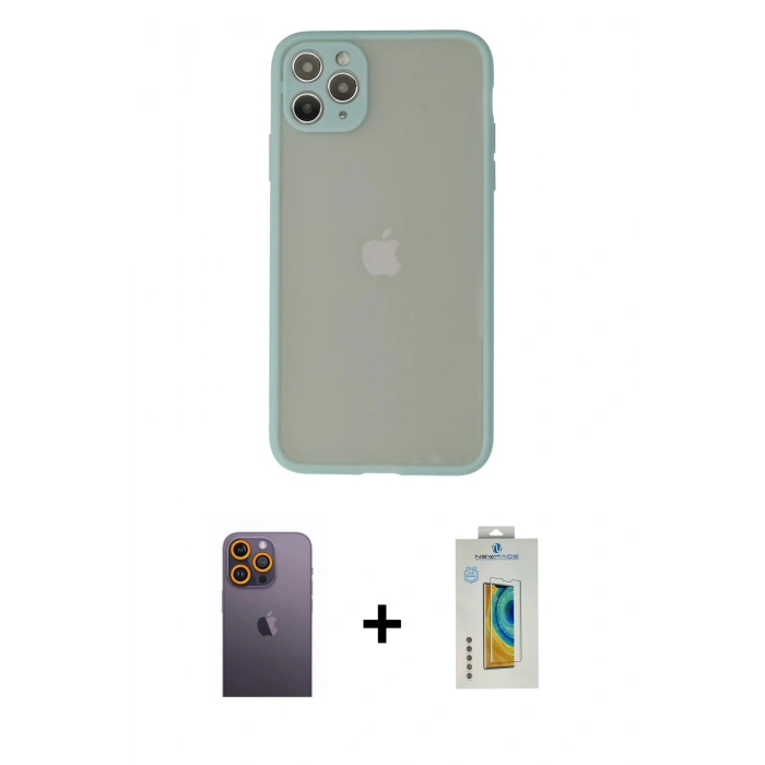 MARSİLYAN™- iPhone 12 Pro Kılıf Ahenk Çizgi Serisi - Siyah Polymer Nano Ekran Koruyucu + Neon Fosforlu Kamera Lens - SI
