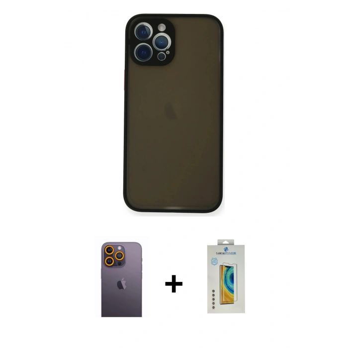 MARSİLYAN™- iPhone 12 Pro Kılıf Ahenk Çizgi Serisi - Siyah Polymer Nano Ekran Koruyucu + Neon Fosforlu Kamera Lens - SI